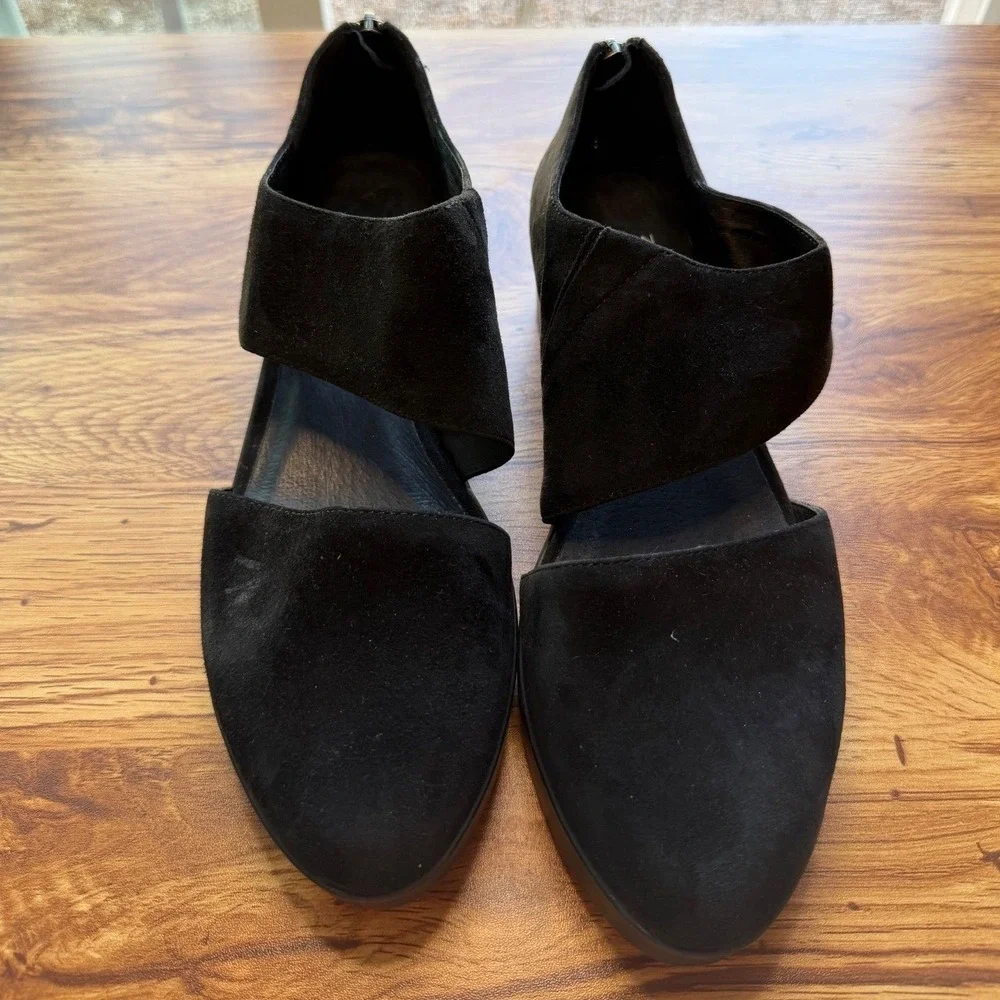 Eileen Fisher Women's Black Turban Suede Platform Wedge Sandals Back Zip Sz 8.5